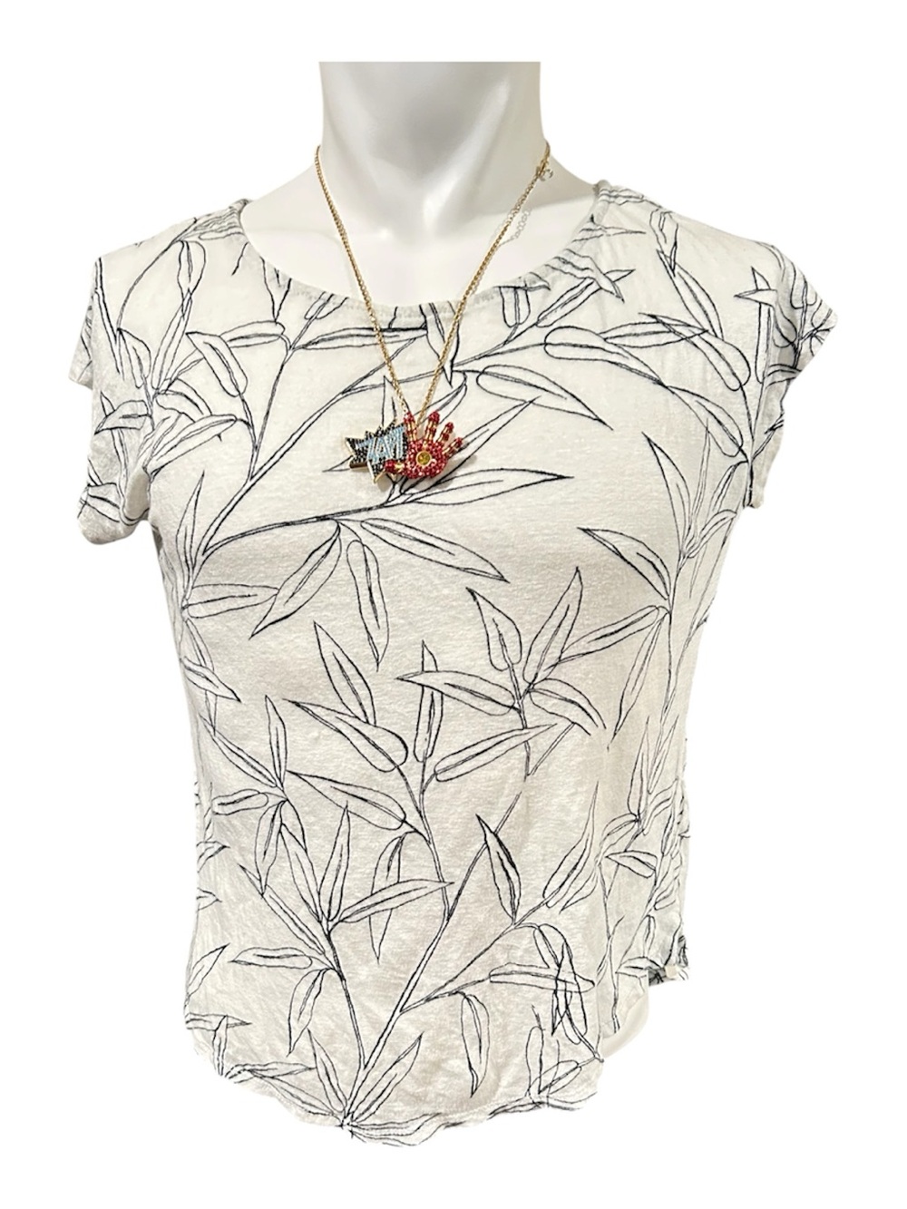 Cynthia Rowley Cream Short Sleeve Botanical Line Print Tee